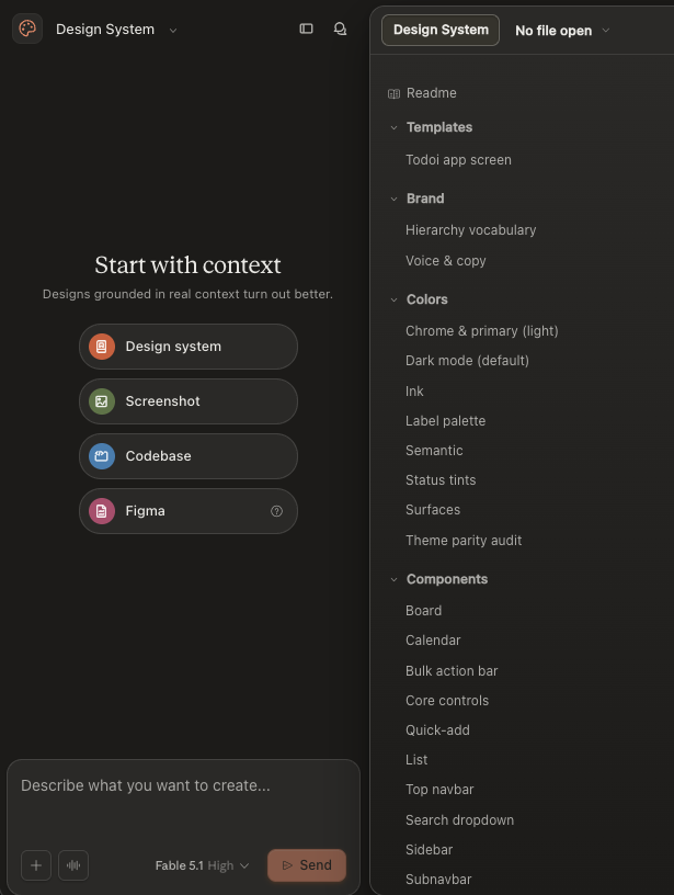 The Design System tab. A sidebar lists named groups — Readme, Templates, Brand, Colors, Components — each holding its own cards.